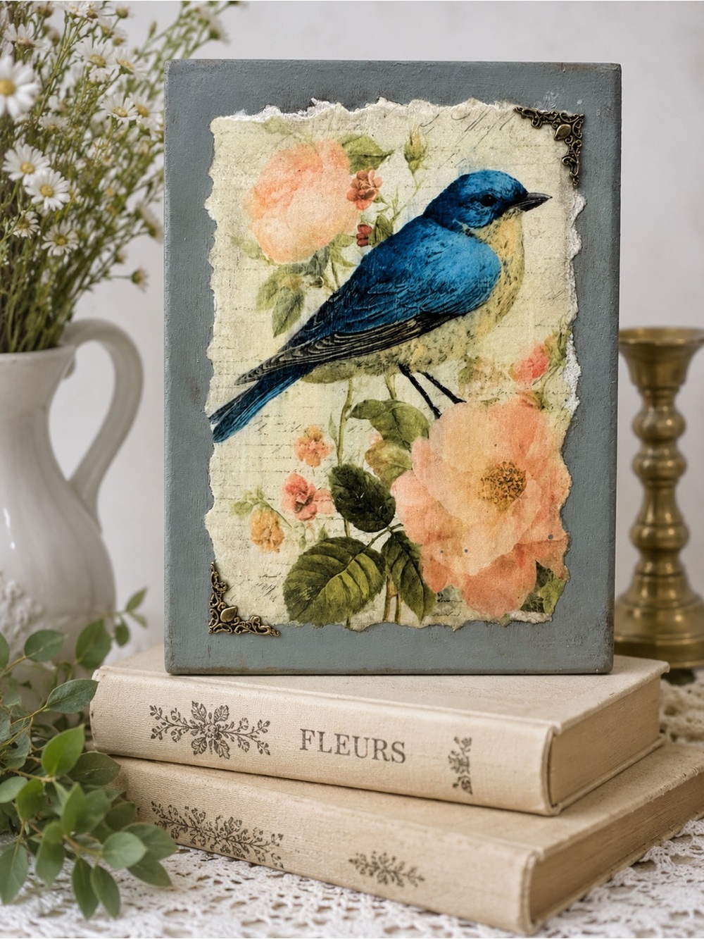 Blue Bird Floral Wall Decor Cottage Garden Art